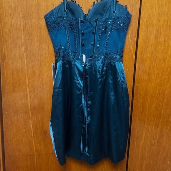Teal satin & sequin corset top evening gown - Picture 2 of 3